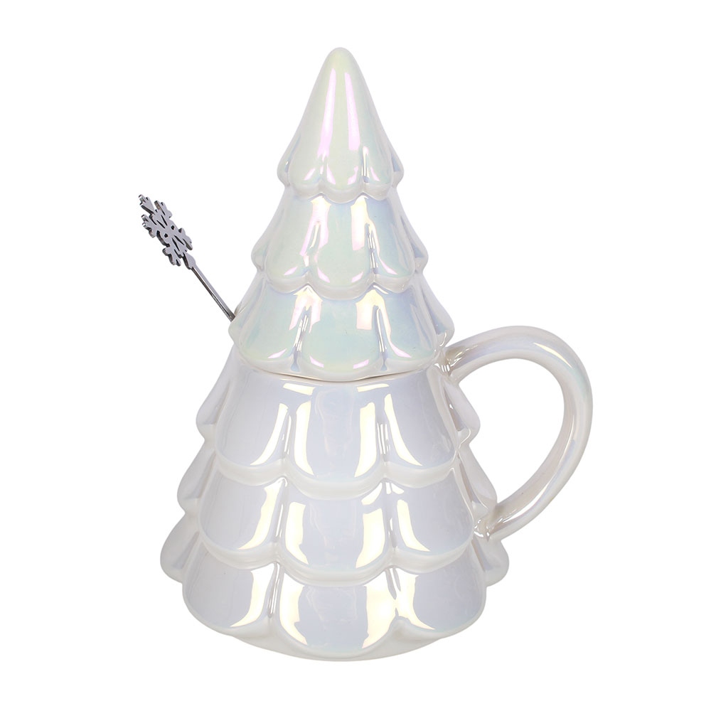 Something Different - Iridescent Fir Tree and Snowflake Spoon Set Mok/beker met lepel set - Wit